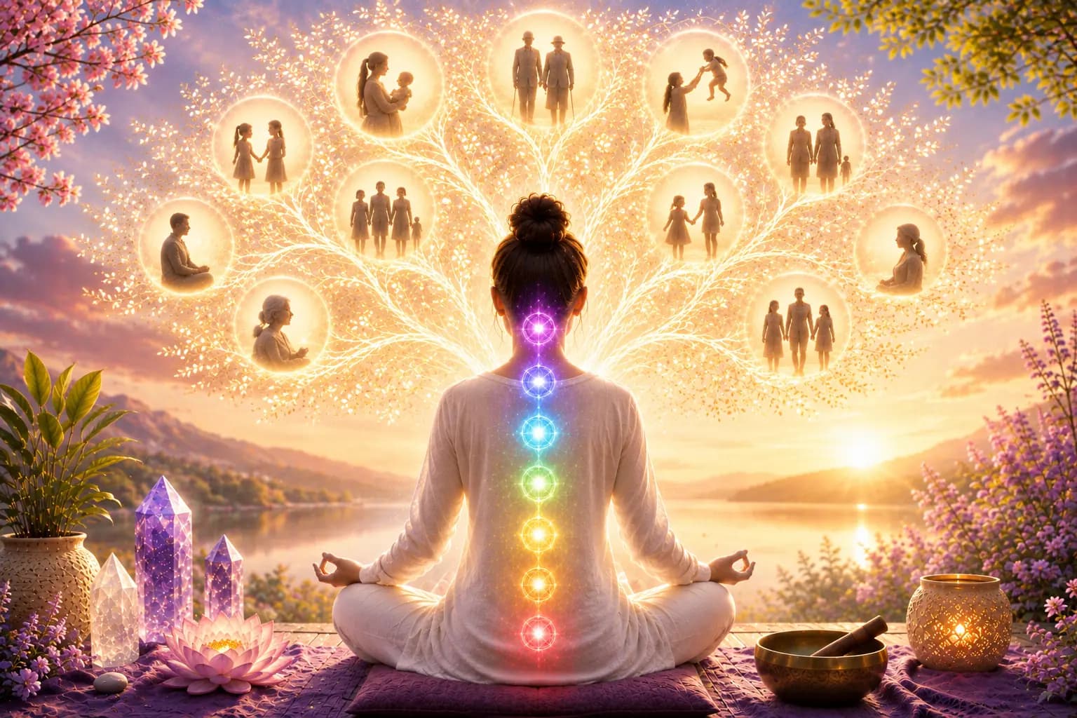 A woman seated in meditation seen from behind, the seven chakras glowing along her spine, beneath a luminous tree whose branches hold softly lit circles of family figures across several generations — a parent holding an infant, children hand in hand, an elderly couple, a figure sitting alone. Crystals, a lotus and a singing bowl rest on either side at sunrise.
