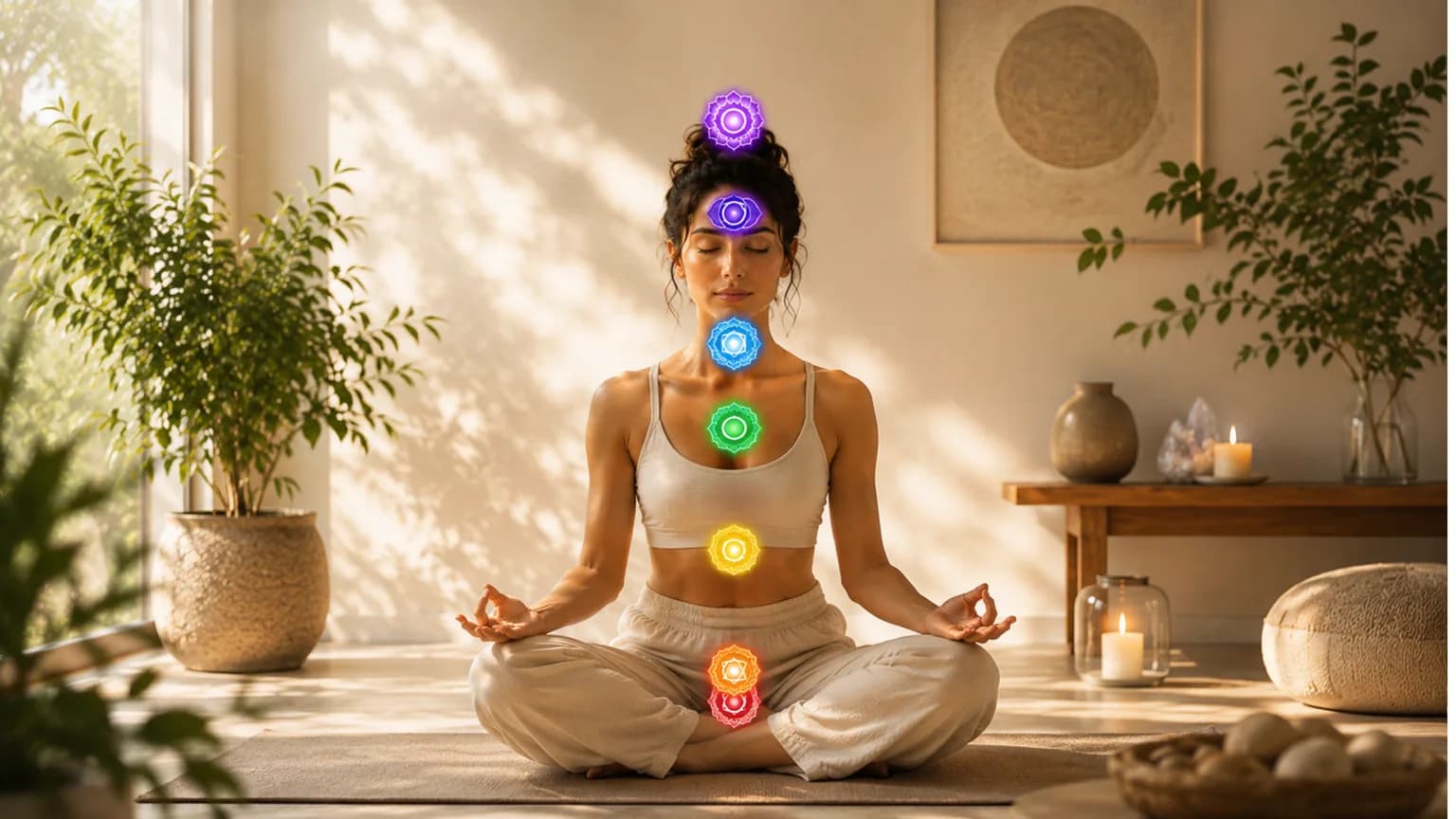 A woman sitting cross-legged in meditation in a sunlit room, the seven chakras shown as glowing coloured symbols along the centre line of her body, from the base of the spine to just above the crown of her head.